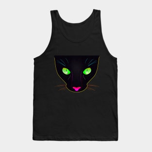 Black Cat with Green Fluorescent Eyes - Illustration Tank Top